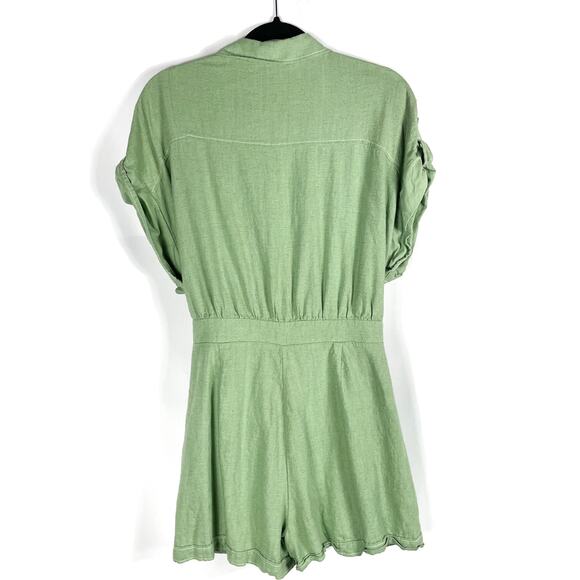 Zara Topstitched Romper Green Belt Tie Button Front Roll Tab Sleeve Collar Sz XL - Picture 10 of 12